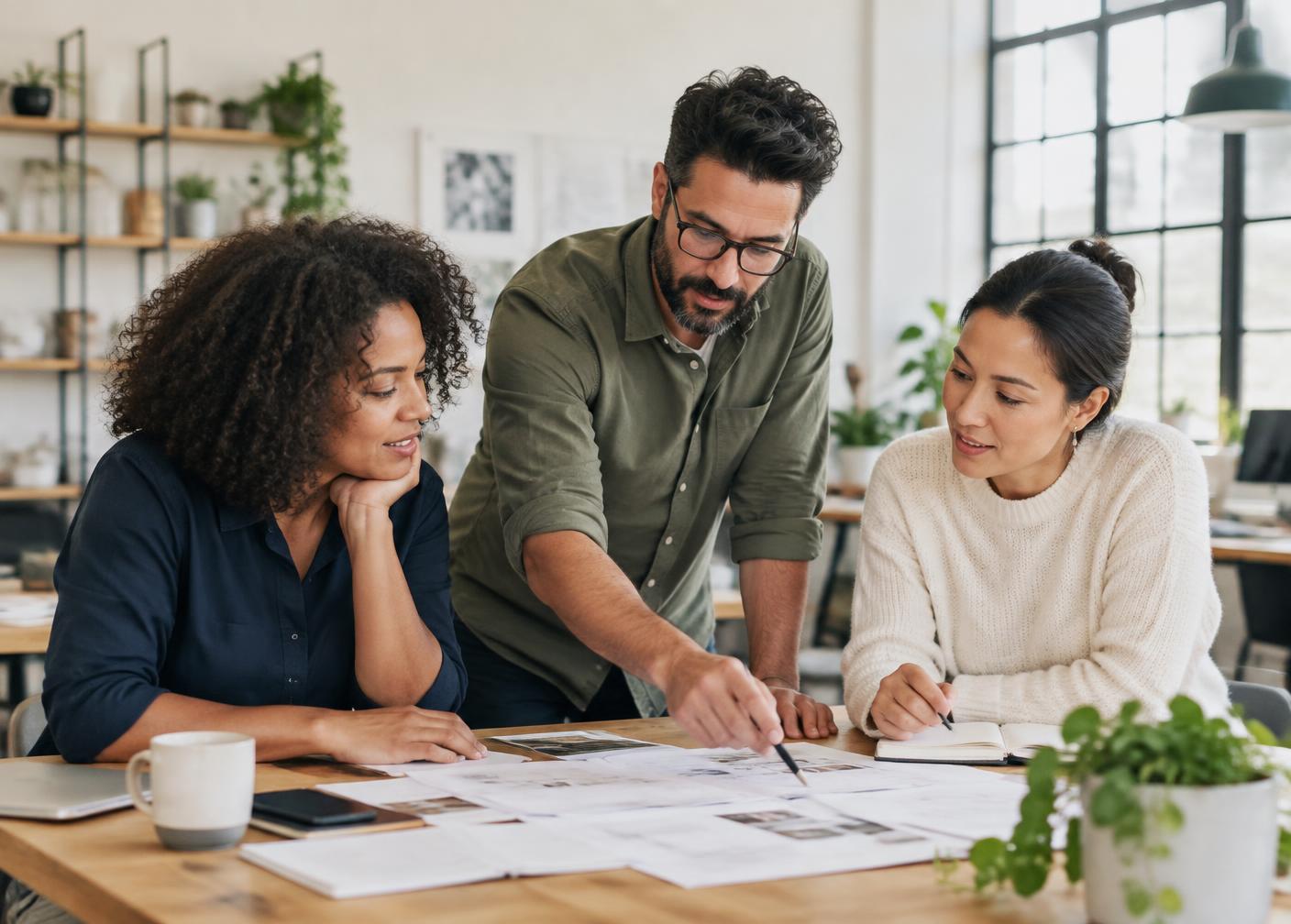 Business team reviewing plans together